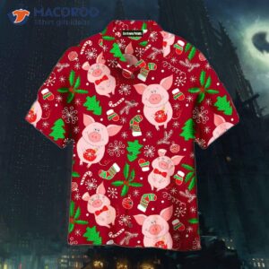 pig merry pigmas christmas pattern red and pink hawaiian shirts 1