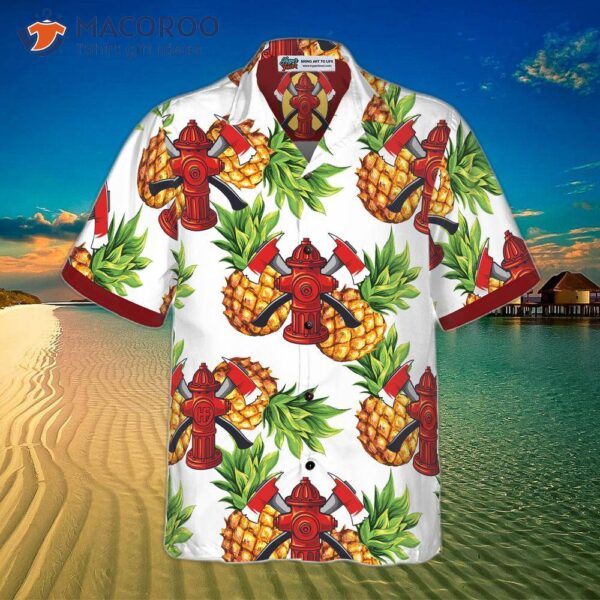 Pineapple Seamless Pattern Firefighter Hawaiian Shirt With Crossed Axes, Tropical For
