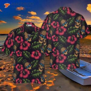 pineapple skull tropical flowers and black hawaiian shirt 0