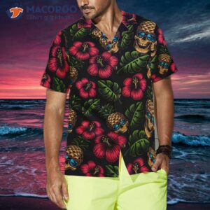 pineapple skull tropical flowers and black hawaiian shirt 1