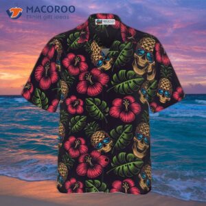 pineapple skull tropical flowers and black hawaiian shirt 2