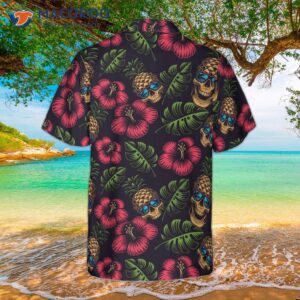 pineapple skull tropical flowers and black hawaiian shirt 3