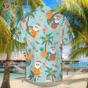 Pineapple With Santa Claus On A Hawaiian Beach Shirt.