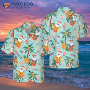 pineapple with santa claus on a hawaiian beach shirt 2