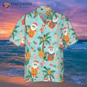 pineapple with santa claus on a hawaiian beach shirt 3