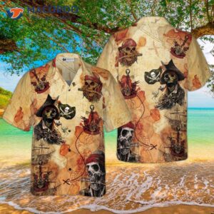 pirate skull treasure hunt hawaiian shirt 2