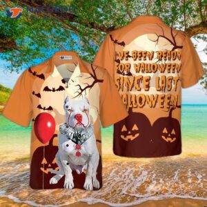 pitbull has been ready for halloween since last with a hawaiian shirt cool shirt and 2