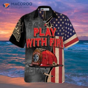 play with fire firefighter helmet american flag hawaiian shirt black and white truck design 0