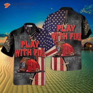 play with fire firefighter helmet american flag hawaiian shirt black and white truck design 2
