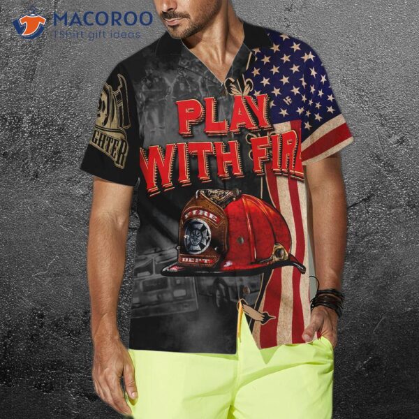 Play With Fire Firefighter Helmet, American Flag, Hawaiian Shirt Black And White Truck Design