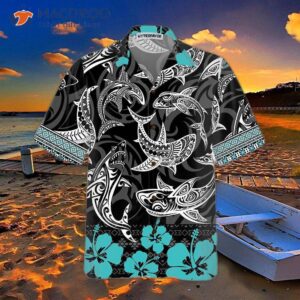 polynesian shark hawaiian button up shirt for adults print 2