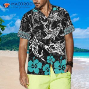 polynesian shark hawaiian button up shirt for adults print 3