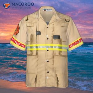 proud retired firefighter hawaiian shirt cream life vest work uniform with fire departt logo for 3
