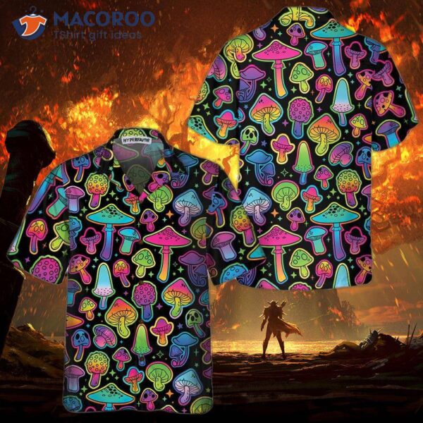 Psychedelic Mushroom Pattern Hawaiian Shirt, Printed Trippy Shirt For And