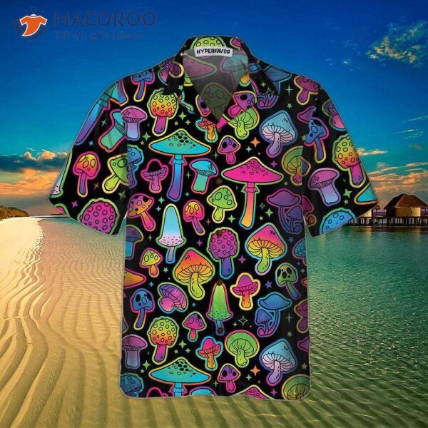 Psychedelic Mushroom Pattern Hawaiian Shirt, Printed Trippy Shirt For And