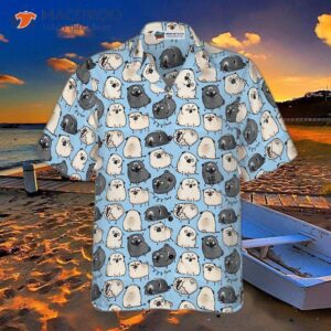 pug poses in a blue hawaiian shirt for 3
