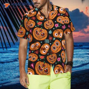 pumpkin flower halloween themed hawaiian shirt 0