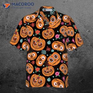 pumpkin flower halloween themed hawaiian shirt 3