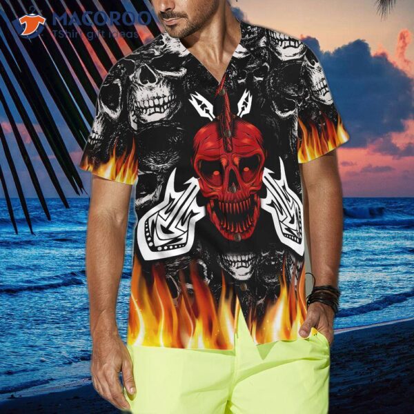 Punk Rock Never Dies Gothic Hawaiian Shirt, Flame Electric Guitar With Crossbones And Skull Design