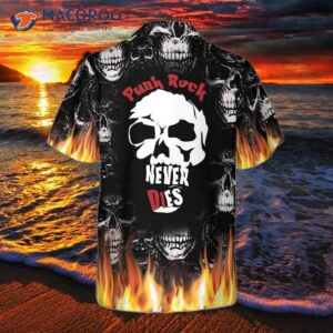 Punk Rock Never Dies Gothic Hawaiian Shirt, Flame Electric Guitar With Crossbones And Skull Design