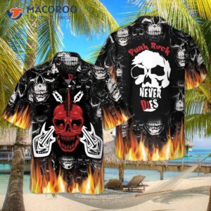 punk rock never dies gothic hawaiian shirt flame electric guitar with crossbones and skull design 2