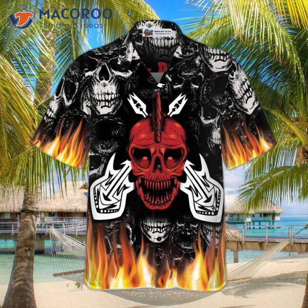 Punk Rock Never Dies Gothic Hawaiian Shirt, Flame Electric Guitar With Crossbones And Skull Design