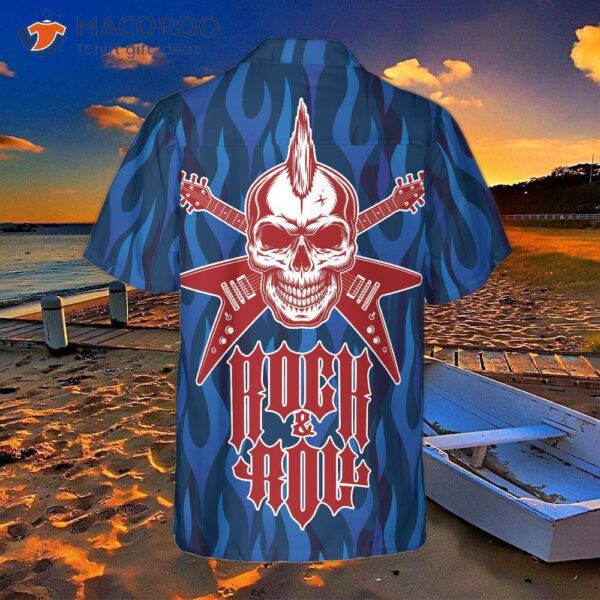 Punk Rock Skull Electric Guitar Hawaiian Shirt With Blue Flame Pattern Rocker Design For