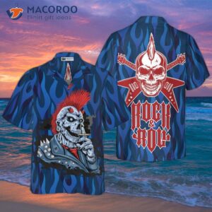 punk rock skull electric guitar hawaiian shirt with blue flame pattern rocker design for 2