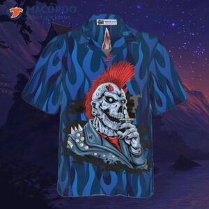 punk rock skull electric guitar hawaiian shirt with blue flame pattern rocker design for 3
