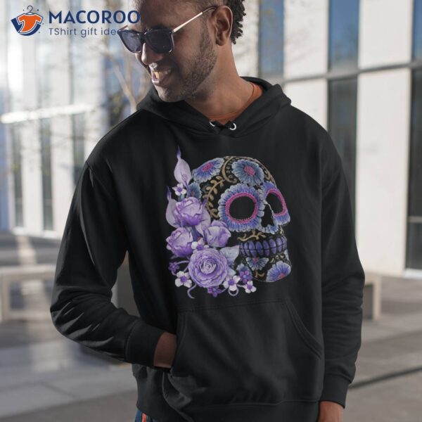 Purple Floral Black Sugar Skull Day Of The Dead T Shirt