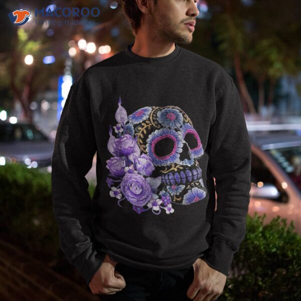 Purple Floral Black Sugar Skull Day Of The Dead T Shirt