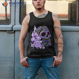 purple floral black sugar skull day of the dead t shirt tank top 2