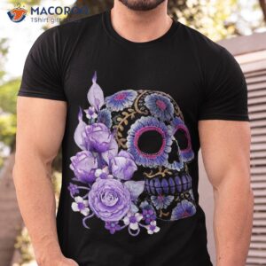 Purple Floral Black Sugar Skull Day Of The Dead T Shirt