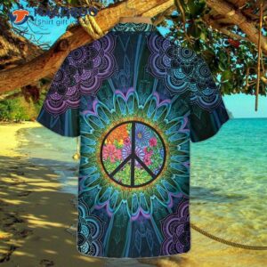 Purple Flower Hippie Hawaiian Shirt With A Mandala Peace Sign