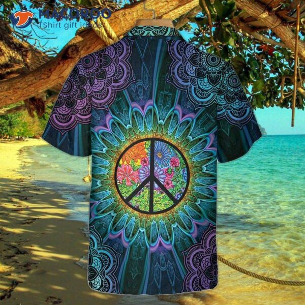 Purple Flower Hippie Hawaiian Shirt With A Mandala Peace Sign