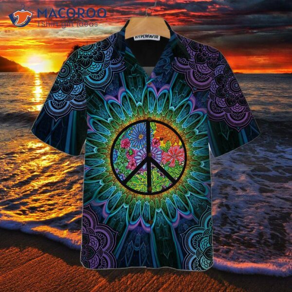Purple Flower Hippie Hawaiian Shirt With A Mandala Peace Sign