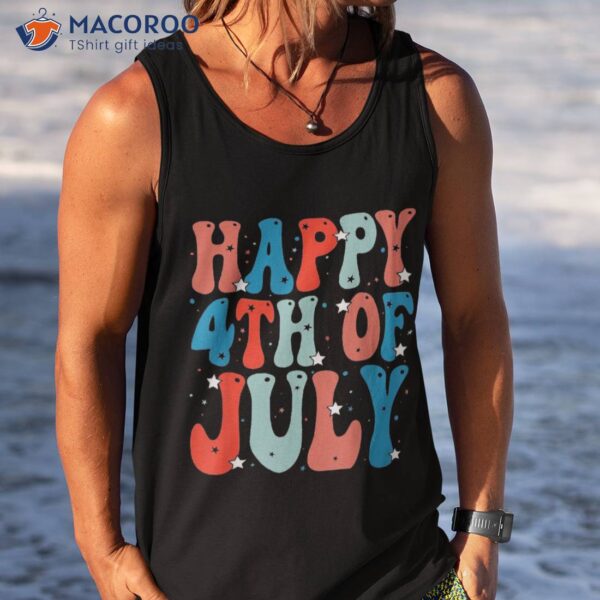 Retro Groovy Happy 4th Of July Patriotic American Us Flag Shirt