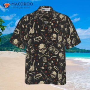 rock n roll will never die hawaiian shirt electric guitar skull and crossbones shirt 3