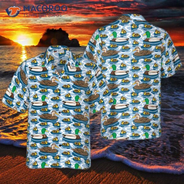Rouen Duck Family Swimming Hawaiian Shirt, Arctic Blue Pond Texture Print