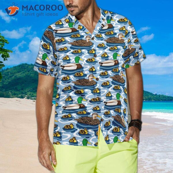 Rouen Duck Family Swimming Hawaiian Shirt, Arctic Blue Pond Texture Print