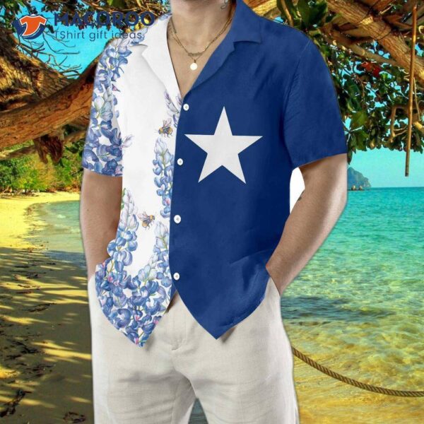 Royal Blue Bluebonnet Texas Hawaiian Shirt, Floral Flag Shirt Horizontal Version, Proud For