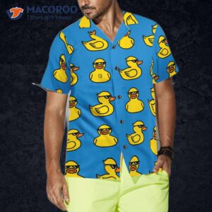 rubber yellow duck hawaiian shirt blue water toy with sunglasses shirt 2