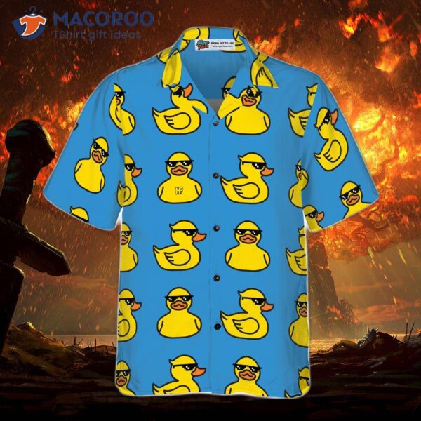 Rubber Yellow Duck Hawaiian Shirt, Blue Water Toy With Sunglasses Shirt