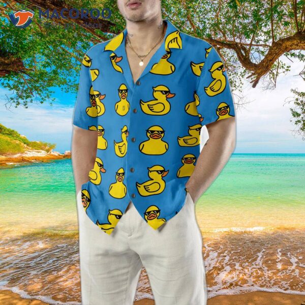 Rubber Yellow Duck Hawaiian Shirt, Blue Water Toy With Sunglasses Shirt