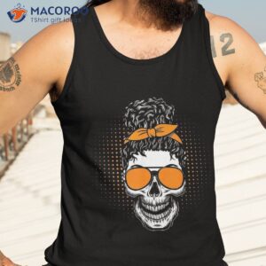 scary skull messy hair bun with sunglasses orange halloween shirt tank top 3