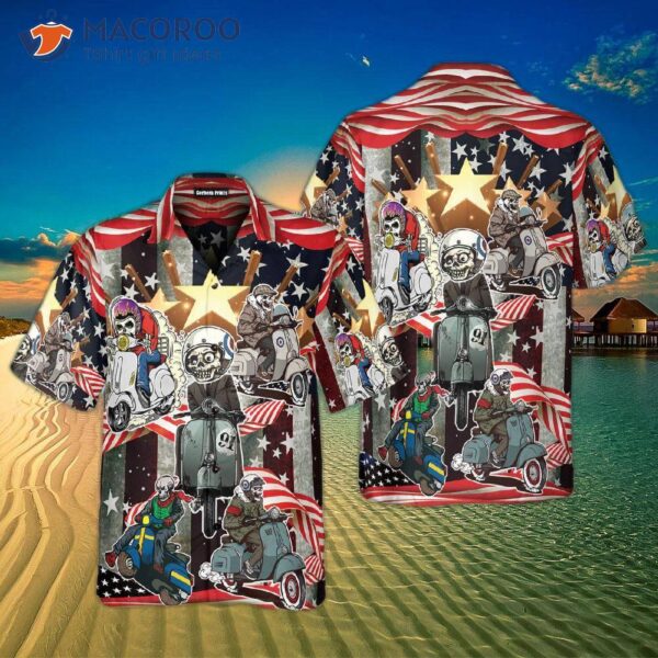 Scooter Skeleton Usa American Flag Independence Day 4th Of July Outfit Hawaiian Shirts