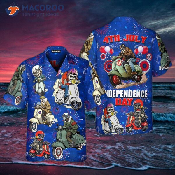 Scooter Skeleton Usa Flag Independence Day Hawaiian Shirts