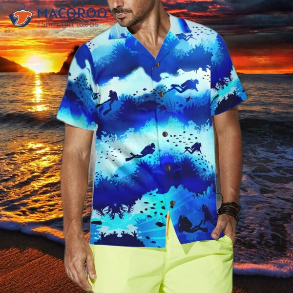 Scuba Diver Under A Sea Cave In Hawaiian Shirt.