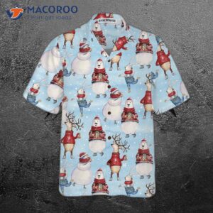 seamless christmas pattern with bunny and snowman hawaiian shirt 2