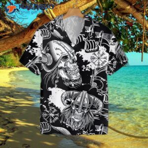 seamless pattern of skulls in viking helmets hawaiian shirt 2